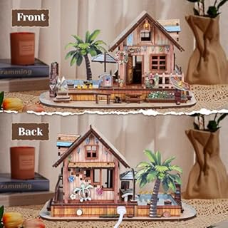 3D Wooden Puzzles for Adult,187pcs Hawaiian Vacation Beach House Kit,DIY Wooden Model Kits with LED Light for Adults-Toy Gifts for Ages 14 and up