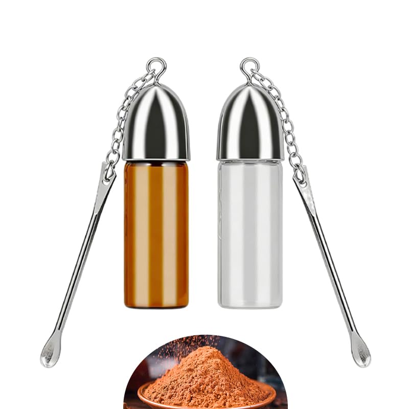 Yukesaky 2 Pack Mini Glass Vials with Metal Spoon Dispenser – Snuff Bottle Kit Container, Airtight Small Jar for Snorting, Seasoning, Dry Spice, Supplement – Travel, Camping, Portable Pocket Bottle