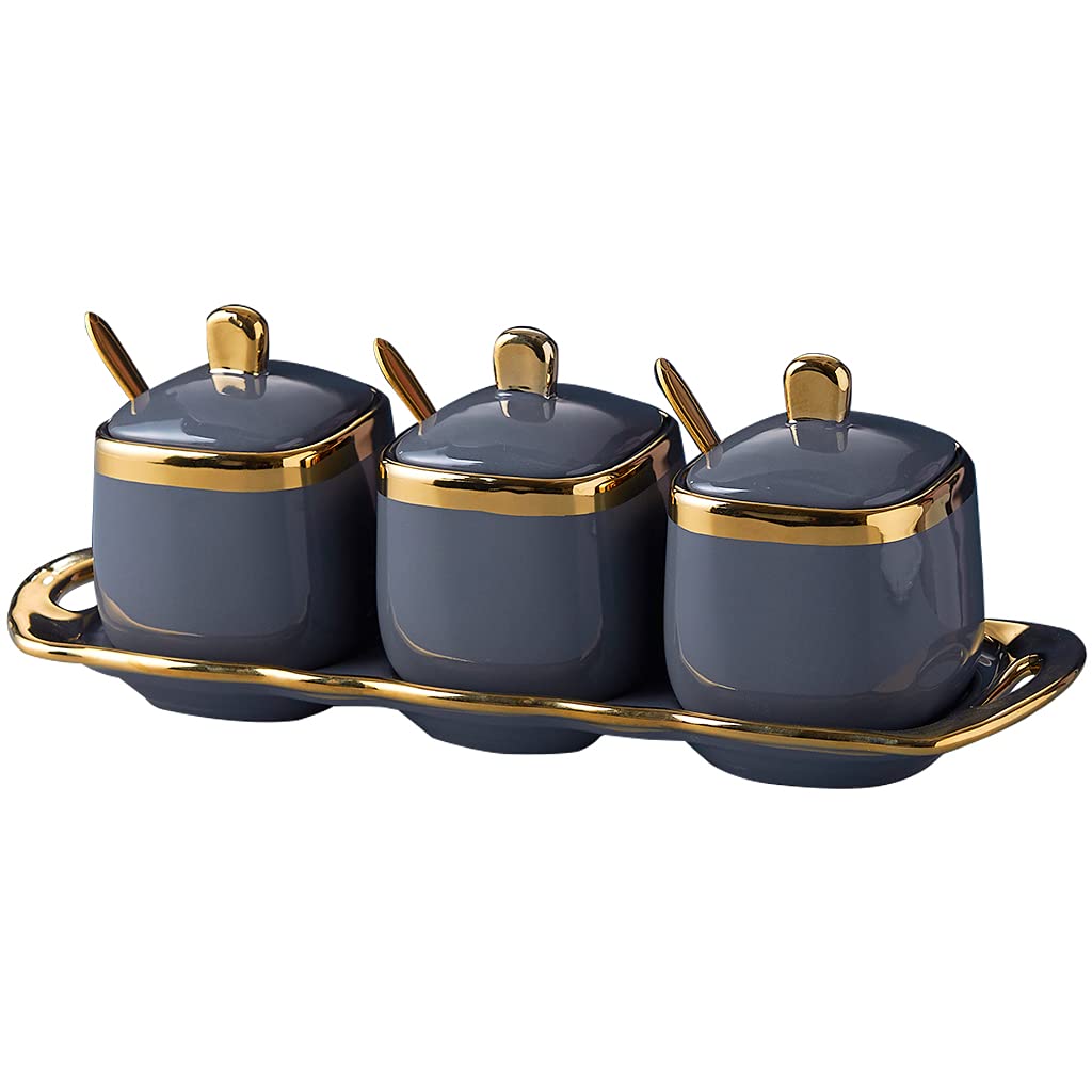 FvstarCeramic Condiment Pots, Gold Kitchen Spice Boxes, Porcelain Salt Containers Set of 3, Coffee Sugar Bowls with Lid,Spoon and Tray, Pepper Seasoning Storage Jars for Countertop and Bar,Gray