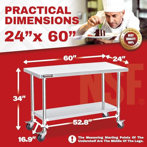 Image of DuraSteel 24x60 NSF Stainless Steel Cart Work Table - Heavy Duty Rolling Food Prep Table Countertop Island - Metal Utility Cart on Wheels Caster, Grill Stand Storage Outdoor Kitchen Tables Bar Top