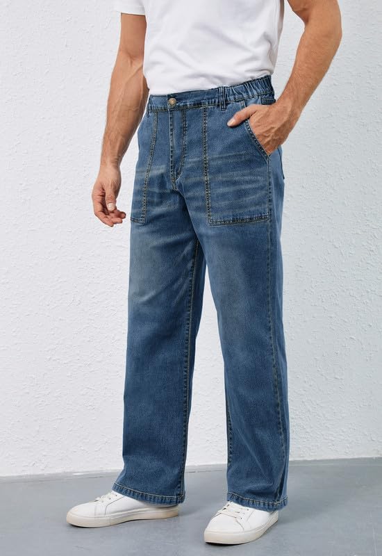 Men's Elastic Waist Baggy Jeans Stretch Denim Wide Leg Trousers Loose Fit Casual Pants - Image 5