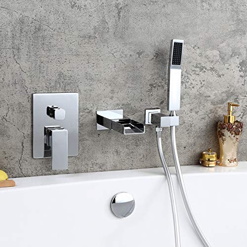 Homary Modern Wall Mounted Bathtub Faucet Waterfall Tub Spout Single Handle Solid Brass Tub Filler With Handheld Shower In Polished Chrome Finish #TOP3