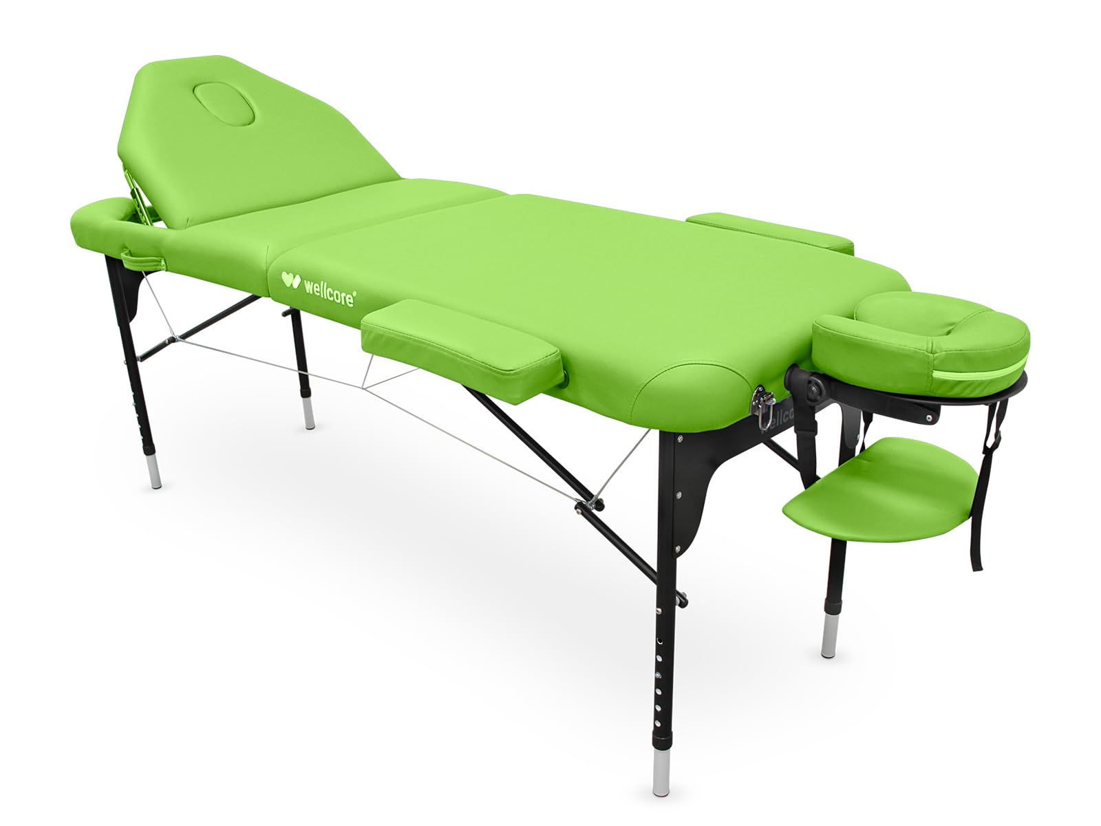 QUIRUMED Camilla de Masaje Plegable WELLCORE, Color Verde Pistacho, 185 x 65 cm, Respaldo Abatible, Estructura de Aluminio, Altura Regulable, con Cabezal y Bolsa de Transporte