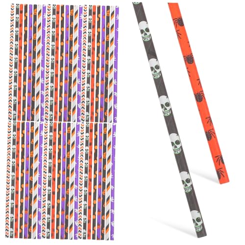 ノーブランド品 200個ハロウィン紙ストロー 食品グレード紙製 無臭 環境対応 波柄 幽霊 骸骨 南瓜 蜘蛛デザイン パーティー 飲料兼用 装飾用