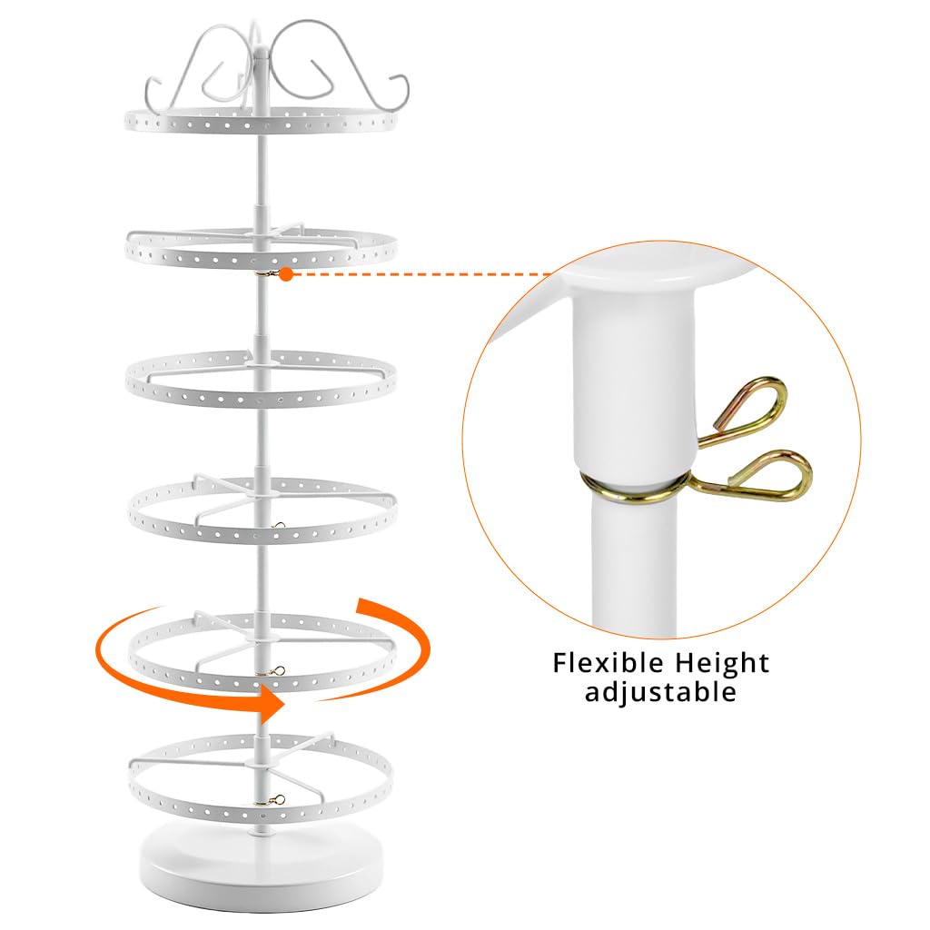 QWORK® 6 Livelli porta orecchini girevole, Espositore Orecchini in metallo, Distanza tra i livelli regolabile, Capacità di 260 fori per 130 paia,Bianco