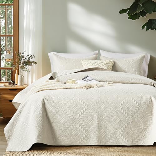FLYMME King Size Quilt Bedding Set,Lightweight Beige White Bedspreads,Vintage Olive