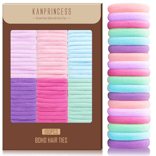 Kanprincess Nylon Hair Ties - No Damage Strong Soft Cotton Hair Bands Accessories for Thick Hair 100PCS Ponytail Holders for Women Girls