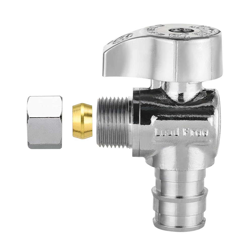Paquete de 15 válvulas de ángulo de parada EFIELD Pex-A de 1/4 de vuelta, compresión de 3/8 pulgadas de diámetro exterior x expansión Pex-A de 1/2 pulgada, latón LF chapado en cromo, resistente