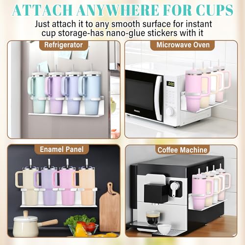 Image of Magnetic Cup Holder for Fridge,8 Cups Water Bottle Organizer for Stanley 30 40 oz with Tumbler Lid Organizer,High Capacity Heavy Duty Kitchen Storage Rack Accessories