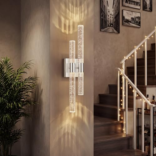 Image of Modern LED Vanity Light Bubble Crystal Sconces Wall Lighting Brushed Nickel Bathroom Light Fixture 21.25in 4000K Vertical and Horizontal Wall Mounted Sconces for Bedroom Living Room(1-Pack)