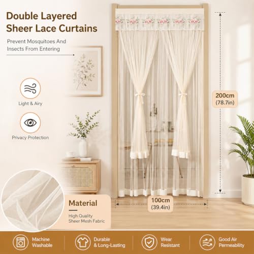 Image of HASTHIP Lace Door Curtain Double Layer Sheer Privacy for Doorway | Mesh lace fabric with easy tape installation filters soft light keeps mosquitoes out