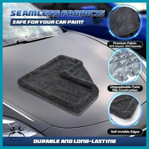 Image of AM Safe-X Microfiber Cloth for Car 1200 GSM 40x60 cms 1 Pcs Twisted Loop Super Absorbent Towel, Edgeless Design with Plush Pile & Lint Free Cloth for Drying & Detailing, Grey