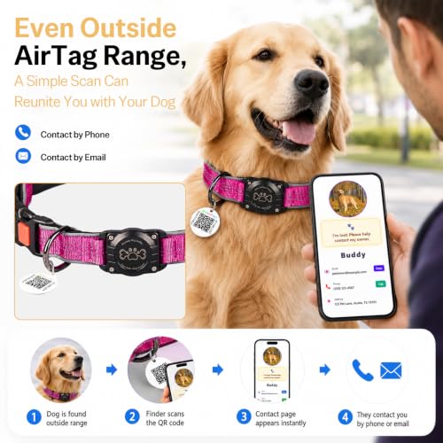 Image of Geamen Dog Collar for Airtag Waterproof QR Code Reflective Collar HotPink,M