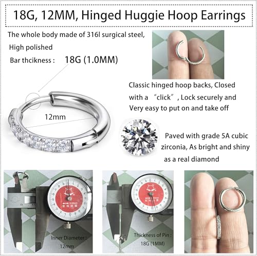 Image of Hypoallergenic Unisex Surgical Steel Small Cubic Zirconia Huggie Hoop Earring, Color Gold - Silver - Rose Gold - Black - Rainbow, Size 6mm- 12mm Safe for Sensitive Ear