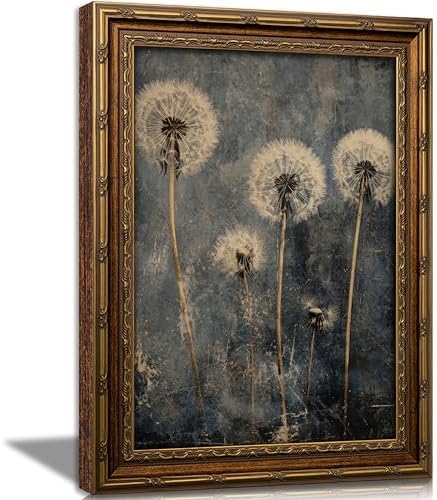 Vintage Gold Framed Dandelion Wall Art Moody Cottagecore Dandelion Painting Canvas Print Gothic Dark Plant Print Poster Wall Decor Retro Moody Plant Floral Poster Artwork for Bedroom Living room