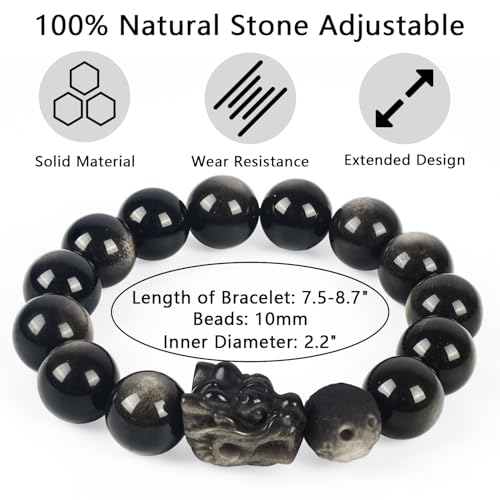 GeoHome Natural Obsidian Bracelet For Men 10MM | Adjustable Stone Beaded Bracelet | Handmade Obsidian Stretch Elastic Bracelet for Men Women Gifts | with Dragon-Head Sculpture | Black and Silver 7.5" by GeoHome - Image 3