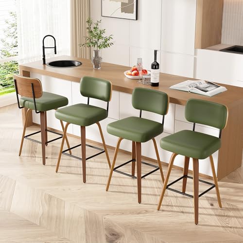 Image of Swivel Bar Stools Set of 4, 26 inch Upholstered Faux Leather Counter Height Barstools with Walnut Back & Bentwood Legs, Mid Century Modern Bar Chairs Island Stools for Kitchen Counter, Green