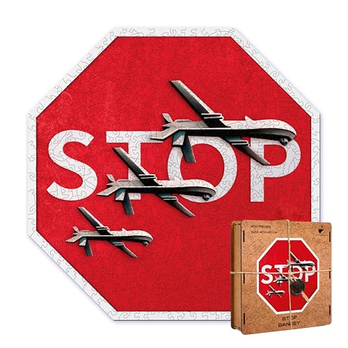 Puzzle de Madera Banksy Stop - Rompecabezas Arte Urbano (450 Piezas 40x40 cm) Diseño Exclusivo Piezas Únicas Corte Preciso Decoración Moderna Regalo Original Eco Friendly Street Art Relajación