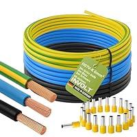 INVOLT H07V-K Verdrahtungsleitung Set, 6 mm² - 3x 3m Einzeldrähte in Schwarz, Blau, Grün-Gelb VDE-zertifiziert, 60 Aderendhülsen, Made in Germany