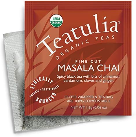 Teatulia Organic Chai Tea Bags (50 Wrapped Tea Bags) | 100% Compostable | Sustainably Grown In Bangladesh | Black Tea, Cinnamon, Cardamom, Ginger Root, Black Pepper & Cloves