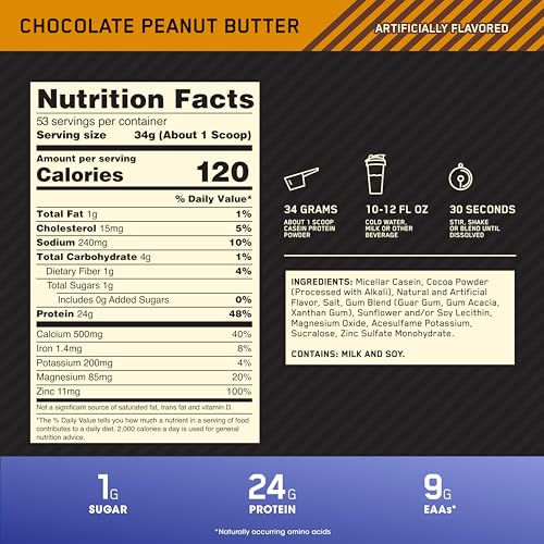 Image of Optimum Nutrition Gold Standard Casein Protein Powder, Peanut Butter, 4 LB | 24g of 100% Micellar Casein Protein Per Serving, Slow Digesting, Helps Keep You Full, Overnight Muscle Recovery, Easy Mixing