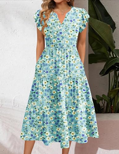 Image of ZEAGOO Womens Summer Casual Dresses Ruffle Sleeve V Neck Midi Dress Flowy Tiered Dress with Pockets Boho Sundresses