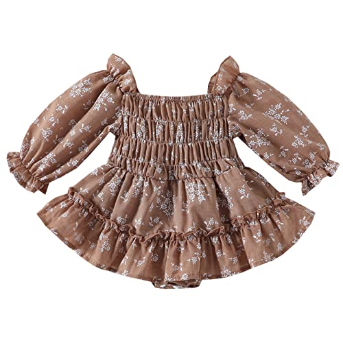 Image of Mubineo Baby Girl Long Sleeve Romper Outfits Newborn Cute Clothes Cotton Linen Tops Outfit (Yb Brown, 0-6 Months)