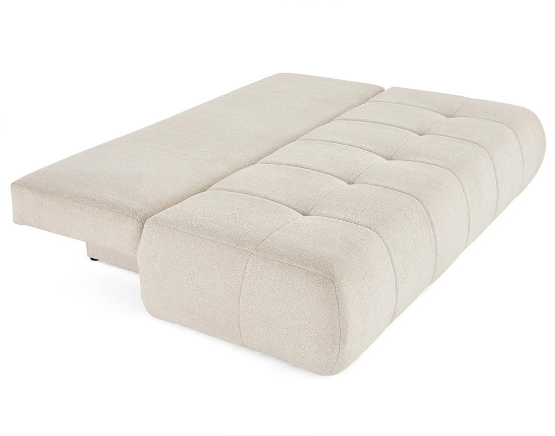 Best Mobilier – Bowie – 3-Sitzer-Sofa ausklappbar, Truhe + rundes Kissen, inklusive strukturiertem Stoff, Beige