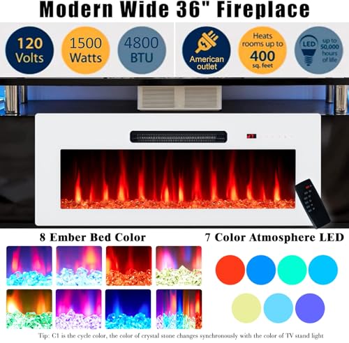 Image of AMERLIFE 70 inch High-Gloss Fireplace TV Stand with 36 inch Electric Fireplace | Black /White LED TV Console, Modern Living Room Entertainment Center, Fits TVs up to 80 inch, 2 Cabinets, 2-Tier Storage Space