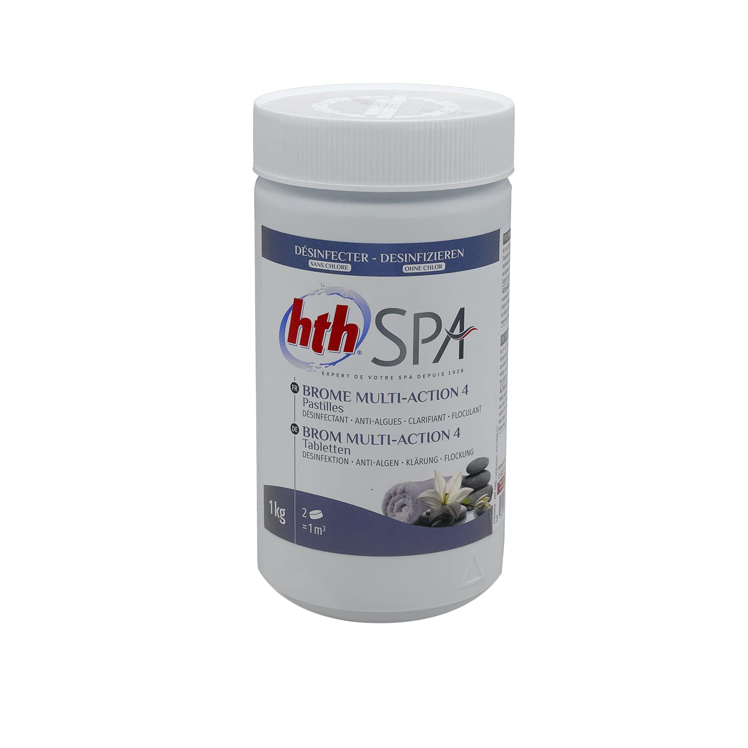 HTH Spa Brome Multi-Action 4 Pastilles 20g - 1kg | Brome Lent Multiaction - Désinfection Régulière Multifonction - Dissolution Lente + 10 Tests HPS OFFERTS 6 en 1