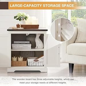 Farmhouse end table with charging station24 large sofa side table with barn door rustic wood square nightstand bedside table with adjustable shelf for living room bedroomantique white  urban country home decor