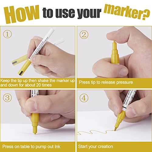 Martcolor Gold Metallic Paint Pens - 6 Pack Acrylic Paint Marker For Rock Painting, Stone, Wood, Canvas, Glass, Metal, Metallic, Ceramic, Tire, Paper, Drawing, Highlight Water-Based Paint Sets #TOP3