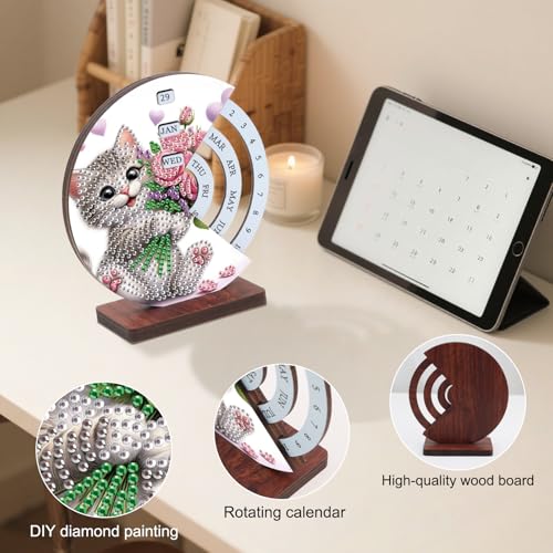 Image of AiYuanzsh 3D Diamond Art Tabletop Perpetual Calendar Kit, DIY Wooden Desktop Ornament with Cute Cat Design, Sparkling Diamond Painting Desk Decoration Gift for Home & Office