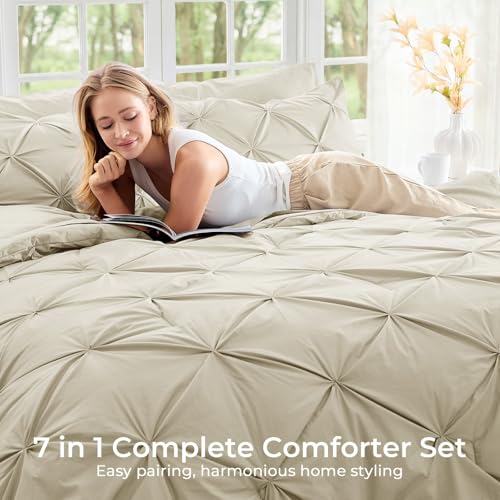 Image of Sasttie Queen Comforter Set, 7-Piece Bed in a Bag, Pintuck Bedding Sets for All Season, Includes Comforter, Flat Sheet, Fitted Sheet, Pillowcases and Pillowshams, Linen