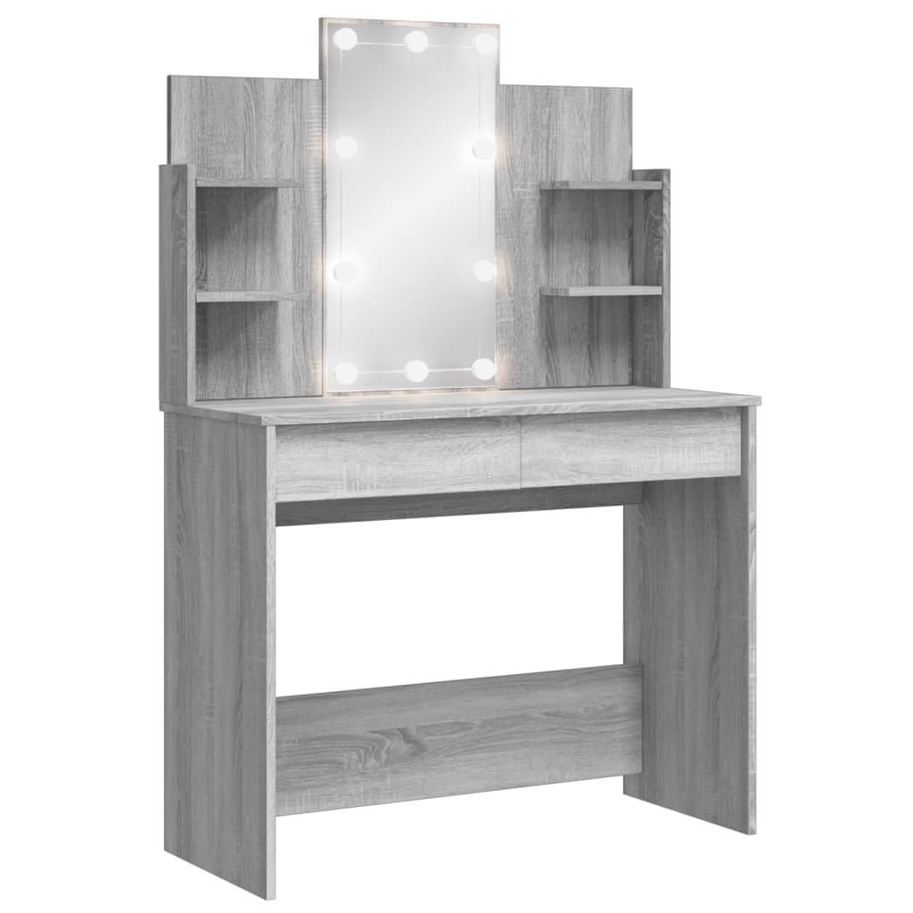 vidaXL Tocador, Mesa con Luces LED Espejo Cajones Estantes, Tocador de Maquillaje, Mueble de Almacenaje para Vestidor Dormitorio, Gris Sonoma