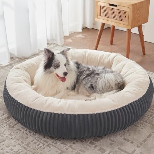 Image of 45 inches Donut Dog Bed for Extra Large Dogs,Calming Round Pet Bed with Removable Cover, Washable Milk Plush Faux Fur, Fits Pets up to 100 lbs(Charcoal,XL)