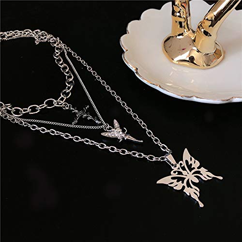 Xerling Silver Crystal Fairy Necklace Butterfly Pendant Chain Cross Toggle Chunky Choker Multi Layered Punk Boho Jewelry for Women and Girls - Image 4