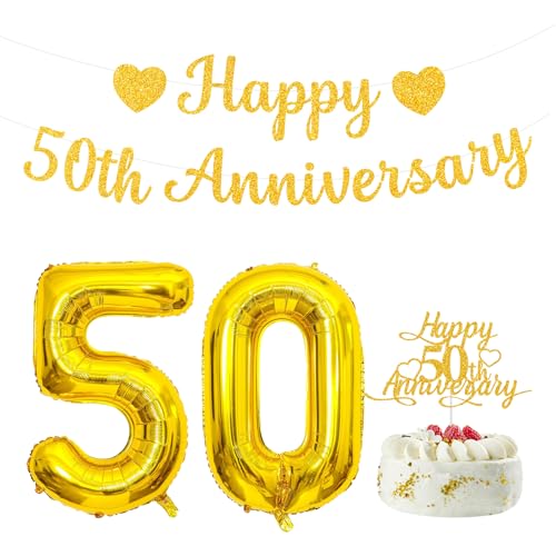 50th Anniversary Party Decorations Includes Gold Glitter Banner,Cake Topper,32-Inch Number 50 Foil Balloons,Elegant 50th Wedding Anniversary Decorations