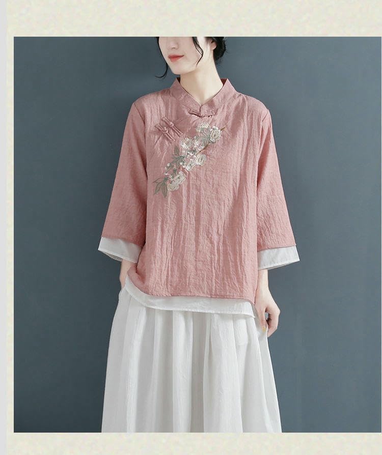 JYHBHMZG Women's Spring Summer Chinese Style Fake Two-Piece Cotton Linen Blouse Retro Frog Button 3/4 Sleeve Embroidered Top