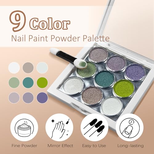 Image of 9 Colors Chrome Nail Powder Palette, White Green Purple Metallic Mirror Holographic Chrome Powder for Nails, Fine Glitter Nail Art Decoration for Home DIY Salon Manicure Pigment, A