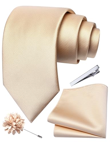 Branduce Champagne Tie for Men Wedding Solid Beige Necktie Pocket Square Tie Clip and Lapel Pin Brooch Set (TA15-10)