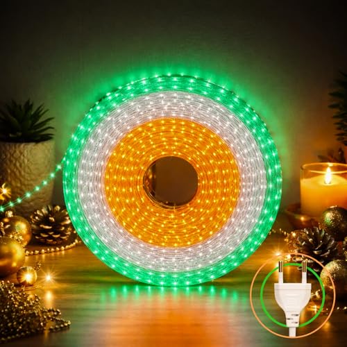 MPROW 10 Meter LED Rope Light | 120 LEDs/Meter Waterproof Strip Light | Cove Light for False Ceiling, Diwali, Balcony & Indoor Decoration (Orange/White/Green, 12)