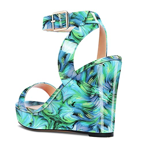 Image of Aachcol Women Platform Wedge Sandals Round Peep Open Toe Ankle Strap Slingback Two-Piece Chunky Block High Heel Dress Shoes Pumps Party Patent 4 Inch
