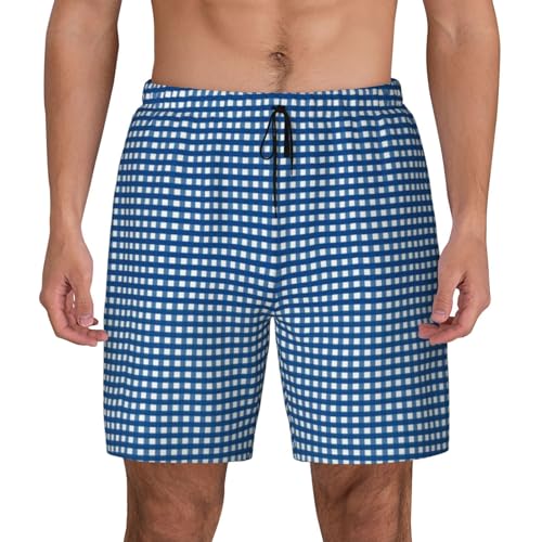Blue Gingham Print Men's Swim Trunks Compression Liner Quick Dry Shorts Bathing Suits with Pockets - Main Image