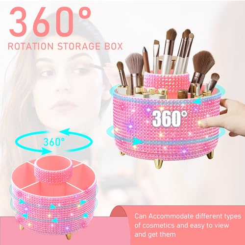 Image of Diesisa Bling Diamond 360 Makeup Brush Holder Organizer, Rotating Makeup Brush Organizer,5 Slot Make up Brushes Cup for Cosmetics, Vanity Desktop Organizer, Gift for Women Teen Girls- Diamond Pink