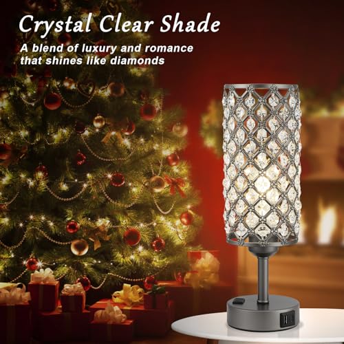 Image of Hong-in Gray Crystal Lamp Touch Control Set of 2, Crystal Table Lamps with USB C+A Ports & AC Outlet, 3-Way Dimmable Nightstand Touch Lamp, Modern Bedside Table Lamp for Bedroom(Bulbs Included)