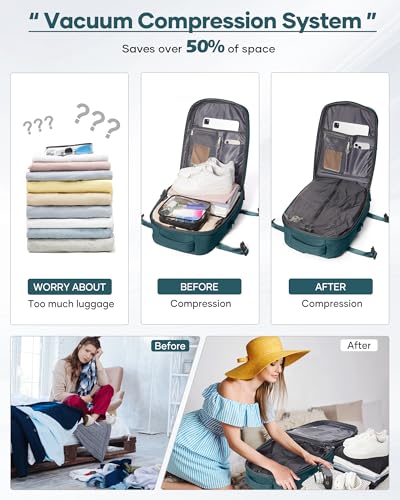 Image of SEAFEW Vacuum Travel Backpack with Electric Pump, Waterproof Personal Item Bag, Women & Men's Anti-Theft Laptop Daypack for Work Trip Gym with Wet Bag & Shoe Compartment, Peacock Blue