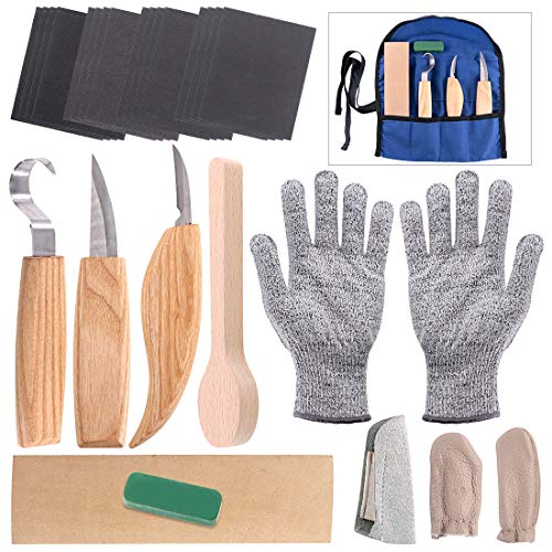Glarks 26Pcs Wood Carving Tools Set, 3 Knives in Roll Leather Strop