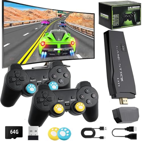 2025 Upgraded Nostalgia Gaming Retro Game Console Stick – 20,000+ Classic Games, 23 Emulators, 64GB, 4K HDMI, Dual 2.4GHz Wireless Controllers, Plug & Play for TV – with Thumb Stick Grip Covers