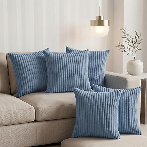 Image of Yellow Weaves Pencil-Stripe Fur Cushion Covers | Soft Polyester | Decorative Sofa & Throw Pillow Covers | 16x16 Inches, Pack of 5 (Sky Blue)